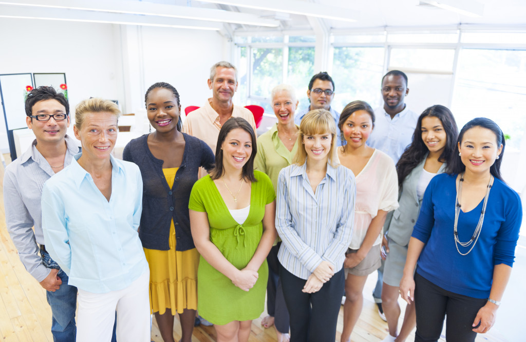 A group of diverse people in a workplace